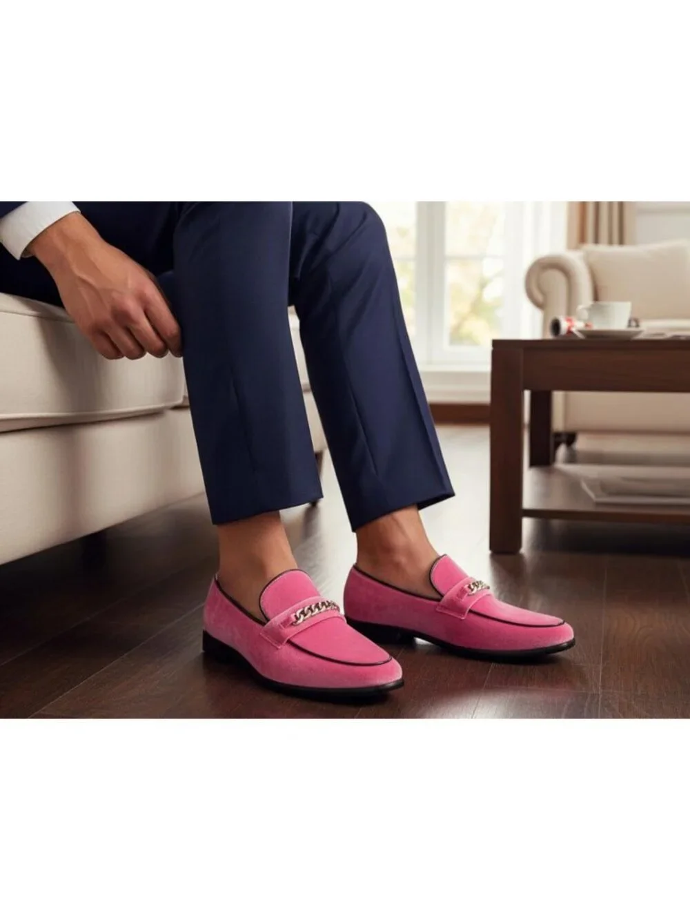 Metrocharm Men's Pink Vintage Velvet Loafers Gold Chain Buckle Slip On Shoes